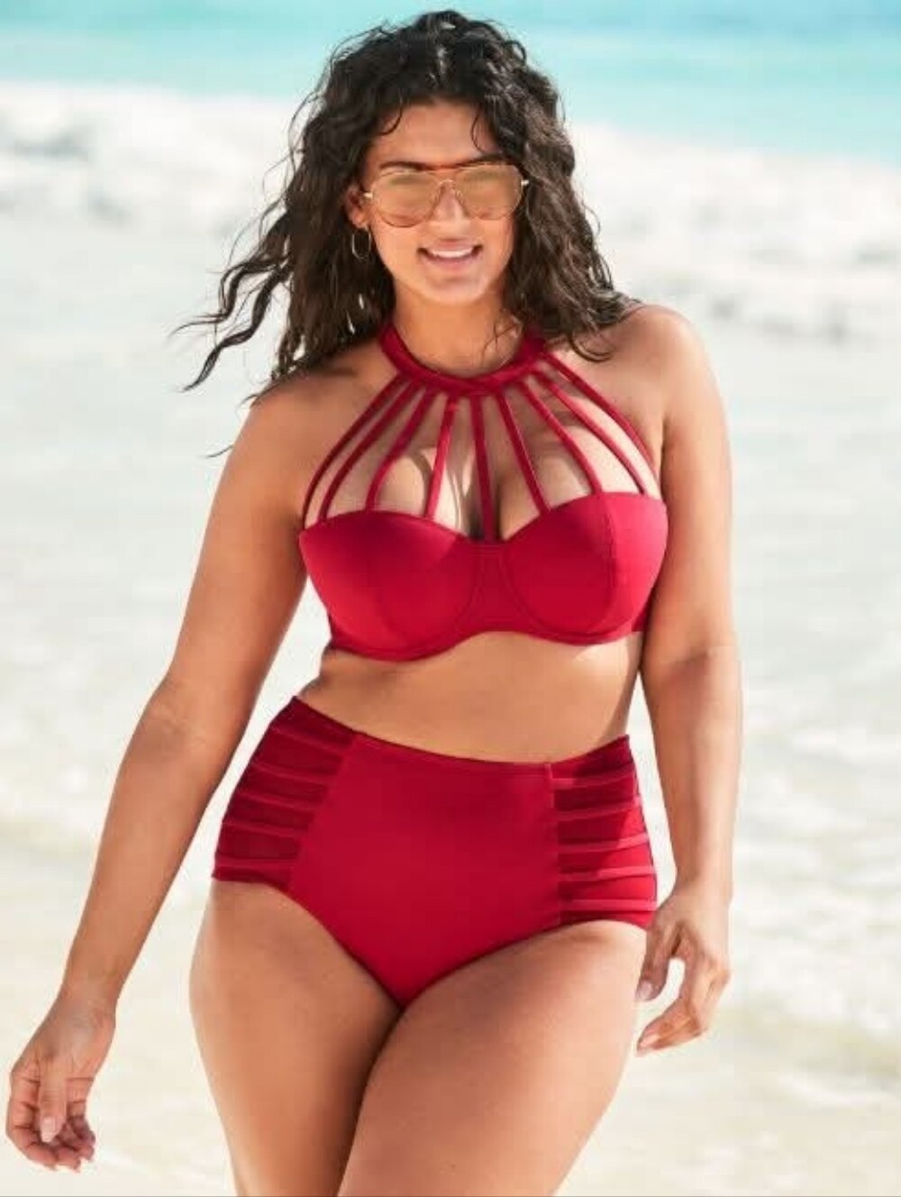 AdoreMe Red Strappy High-Neck Bikini Top & High-Waist Bottoms
